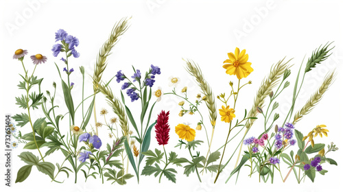 Botanical Elegance: Arrangement of Wildflowers and Wheat, Clipart Forming a Delicate Frame on a White Background, Perfect for Creative Presentations with Space for Your Message.