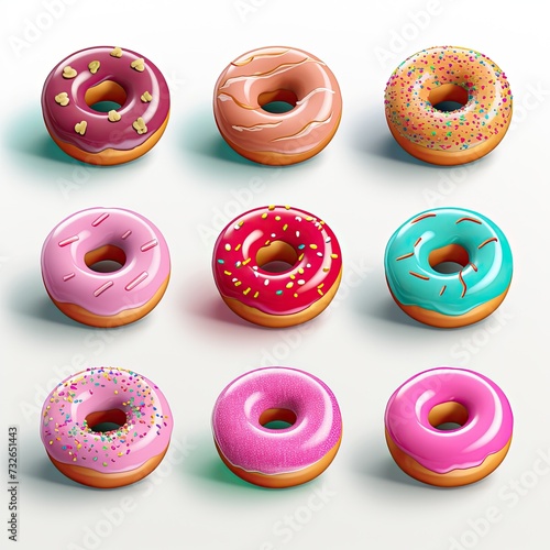 Cartoon pattern of donuts set in glaze on a white background. Donuts pattern for printing on fabric, paper, children's clothing, stationery, plastic. Sweet colorful donuts ornament top view drawing.