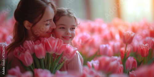 Portrait of a mother and her daughter wishing her a happy Mother's Day among pink tulips