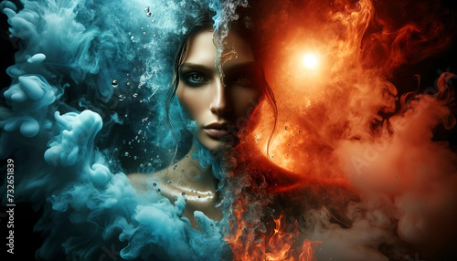 A surreal portrait of a woman's face half-submerged in water and surrounded by flames, representing a clash of elements with a dramatic, fiery background.The concept of balance.AI generated.