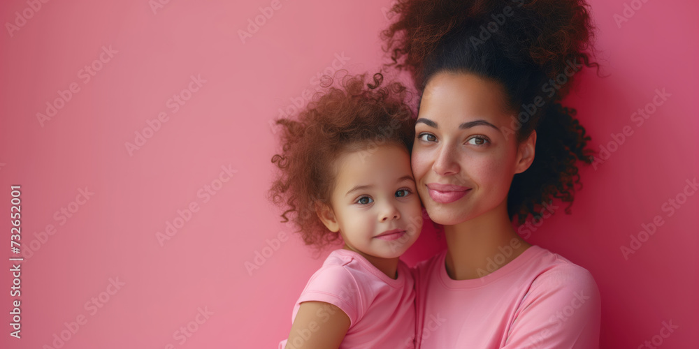 Portrait of african american mother and her little daughter together on Mother's Day on pink background at home Portrait of african american mother and her little daughter together on Mother's Day on pink background at home