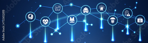 Health Safety and Environment Icon Set and Web Header Banner. icons related to industrial accident prevention, workplace safety training, industrial regulations, hazard warning, protective equipment.