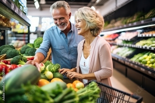 A joyful senior couple selecting fresh vegetables together in a grocery store.