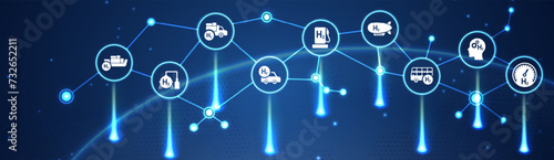 Hydrogen economy vector illustration. Concept with connected icons related to hydrogen use as fuel, in industrial processes, hydrogen storage and transport