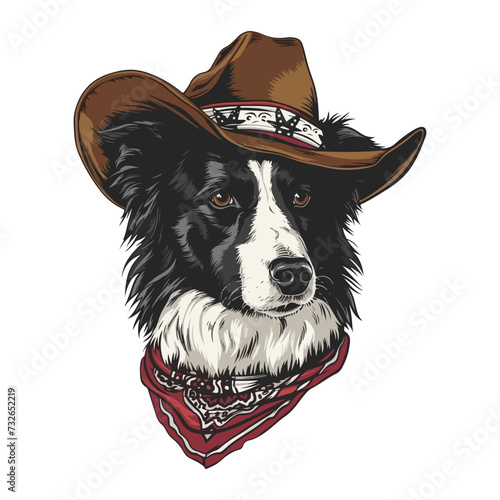 border collie Dog Head wearing cowboy hat and bandana around neck