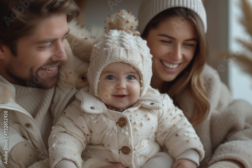 Smiling parents with their child dressed in comfortable baby clothes in a neutral tone.
