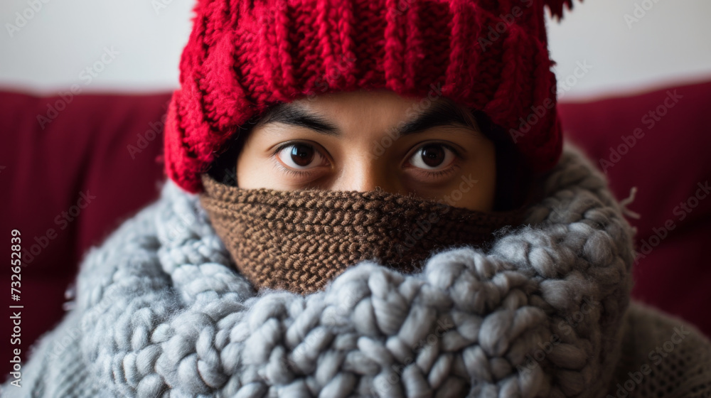 Close-up of a person's eyes peering out from a cozy, thick-knitted woolen scarf and a red knitted hat, wrapped up warmly in a textured winter fashion.