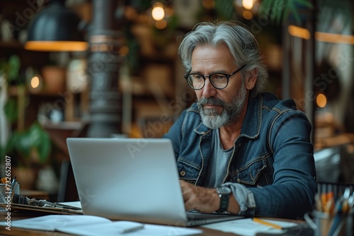 Mature architect working on laptop at construction site