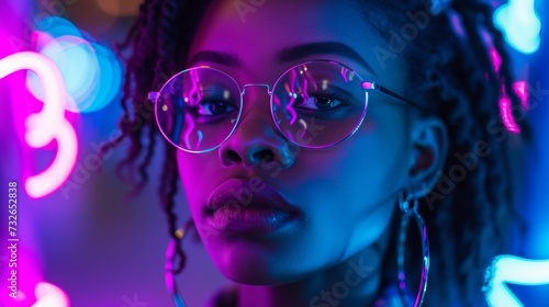 Vaporwave Woman with reflective sunglasses in blue neon light. vaporwave african culture futuristic portrait, Nigeria nightlife and purple blue lights. Woman with glitter makeup under neon lights.