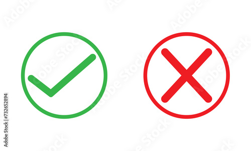 Check mark and cross right sign, icon. Right or wrong signs, icons .Yes and no buttons. Tick and cross. Wrong and correct approved mark symbol.