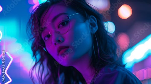 Vaporwave with asian beautiful Girl, luxury clubbing in purple night. Nightlife cyberpunk scenario. Woman with neon lights reflecting on her face in a city at night.