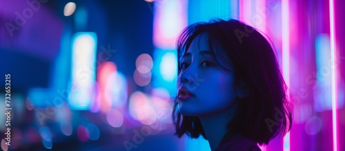 Banner header Vaporwave with asian beautiful Girl, luxury clubbing in purple night. Nightlife cyberpunk scenario. Woman with neon lights reflecting on her face in a city at night.