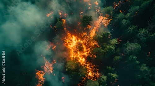 Dramatic forest wildfire at night, burning trees with vibrant flames. environmental disaster captured in high-resolution. urgent call for fire prevention. AI © Irina Ukrainets