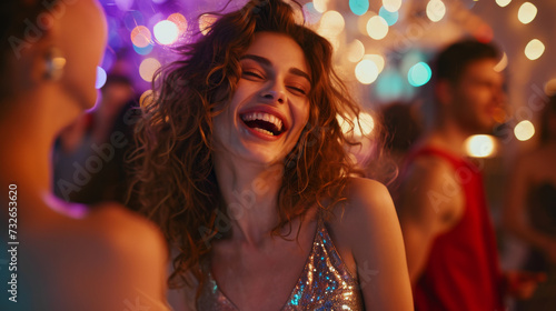 A joyous woman with curly hair, laughing heartily, surrounded by friends in a festive atmosphere with bokeh lights at a night party.