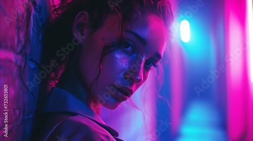 vaporwave european culture futuristic portrait, Italian nightlife and purple blue lights. Close-up of a woman in pink and blue neon light