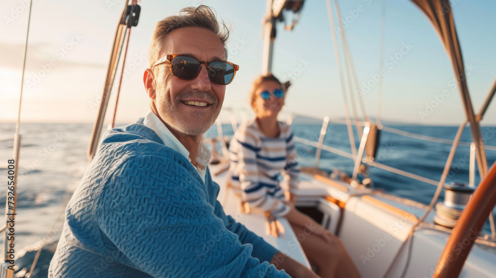 A smiling couple in casual attire and sunglasses enjoying a relaxing day on a yacht with a clear blue ocean in the background.