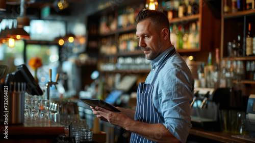 focused bearded man in a blue striped apron using a tablet in a bar setting