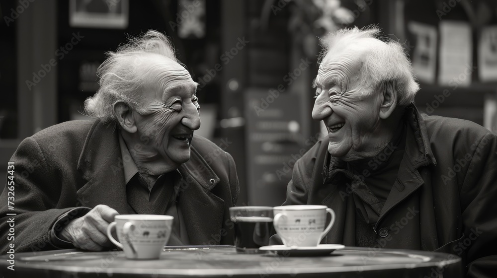 Nostalgic joy: Old friends laugh together over tea. Nostalgic joy: Old friends laugh together over tea.
