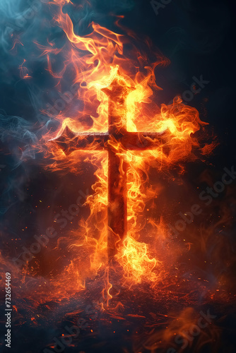 A burning cross, a wooden cross in flames with outpouring of the Holy Spirit. Christian illustration.