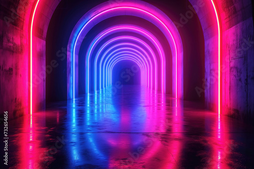 Abstract futuristic background, pink blue neon lights gate