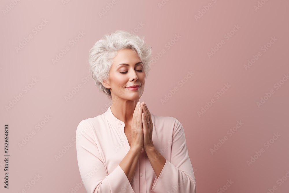 Caucasian mature woman praying with pink background and copy space