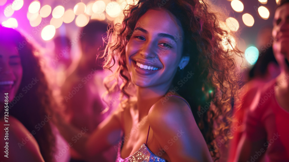A joyous woman with curly hair, laughing heartily, surrounded by friends in a festive atmosphere with bokeh lights at a night party. A joyous woman with curly hair, laughing heartily, surrounded by friends in a festive atmosphere with bokeh lights at a night party.
