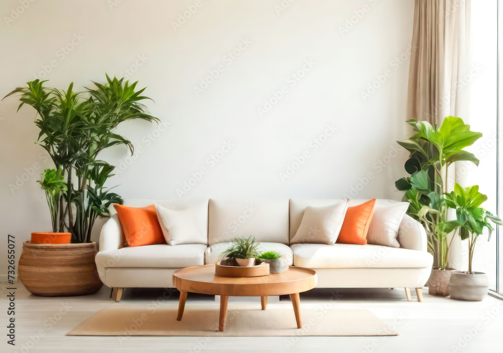 Sunny Comfort: Vibrant Modern Living Room with Orange Pillow, Sofa, and Plant against White Walls Sunny Comfort: Vibrant Modern Living Room with Orange Pillow, Sofa, and Plant against White Walls