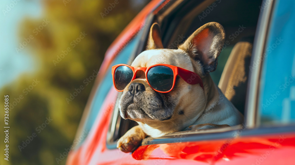 White French bulldog or Frenchie dog close up, side view photography of a pet wearing sunglasses, wind in his fur, enjoying the car ride on a sunny summer day, vacation trip or travel