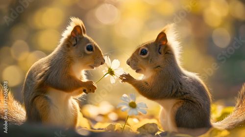Romantic scene featuring two cute squirrel animals. One is giving a beautiful white flower to another, standing on the orange autumn leaves in the nature city park