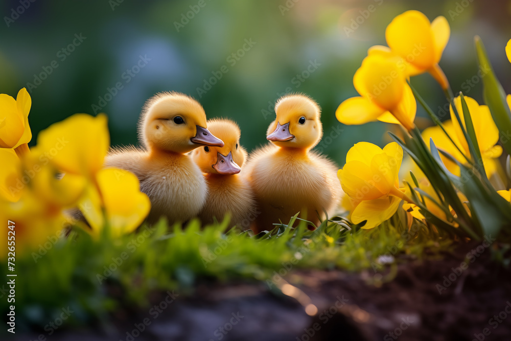 Spring flowers background. Happy Easter ducklings Spring flowers background. Happy Easter ducklings