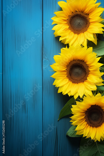 Sunflowers on blue background. Ukraine. Blue yellow flag of Ukraine. Independence Day.