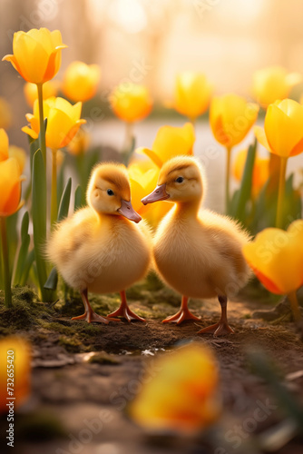 Spring flowers background. Happy Easter ducklings