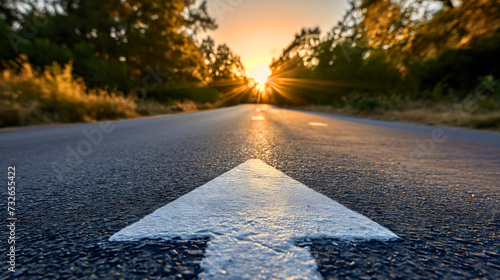 Low angle photography of a white arrow on the asphalt road during the sunset. Straight ahead way concept, path to success direction, business career future guidance, journey to the destination