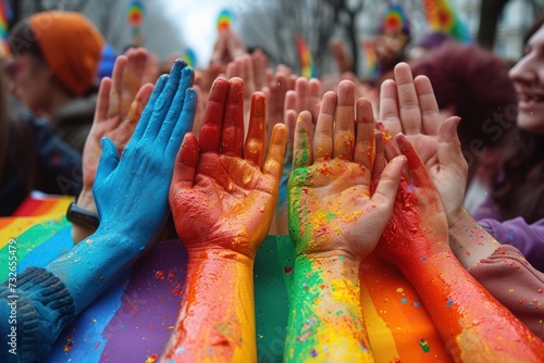 A group of people with hands painted in vibrant colors raised high, symbolizing diversity, unity, and celebration.