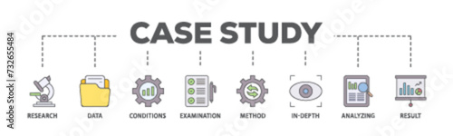 Case study banner web icon illustration concept with icon of research, data, conditions, examination, method, in depth, analyzing, and result icon live stroke and easy to edit 