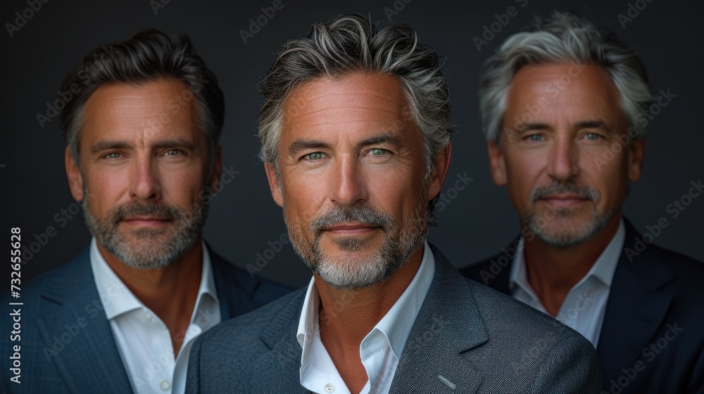 A series of portraits of a mature, distinguished man in formal attire, with a focus on his confident gaze and distinguished silver hair. A series of portraits of a mature, distinguished man in formal attire, with a focus on his confident gaze and distinguished silver hair.