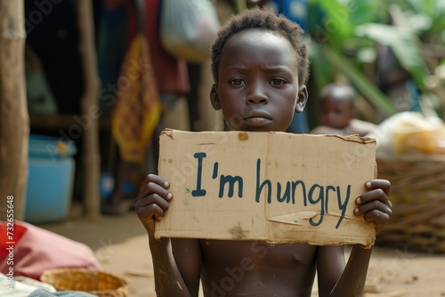 hungry dirty child sits holding a cardboard sign with a text 