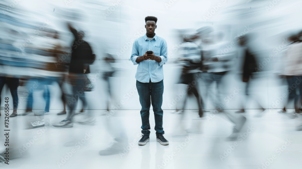 Obraz premium A young man stands still using his smartphone amidst a blurred motion of a busy crowd around him.
