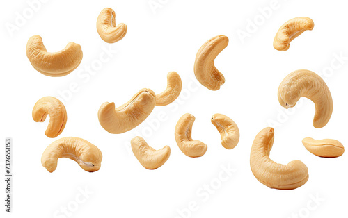 Falling cashew nuts on white or transparent background