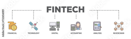 Fintech banner web icon illustration concept with icon of financial, technology, digital, accounting, analysis and blockchain icon live stroke and easy to edit 