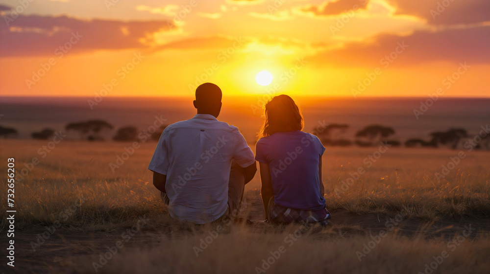 Rearview photography of a man and a woman, two people, male and female sitting on a safari meadow during the sunset in African savanna land, summer Kenya tourism and travel to see wildlife 