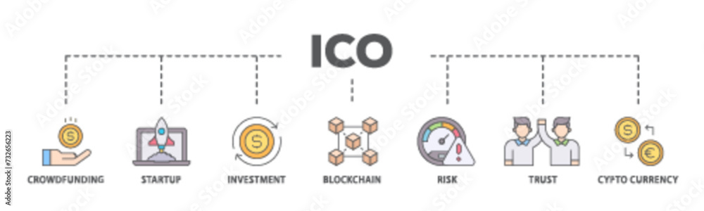 ICO banner web icon illustration concept with icon of crowdfunding, startup, investment, blockchain, risk, trust and cypto currency icon live stroke and easy to edit ICO banner web icon illustration concept with icon of crowdfunding, startup, investment, blockchain, risk, trust and cypto currency icon live stroke and easy to edit