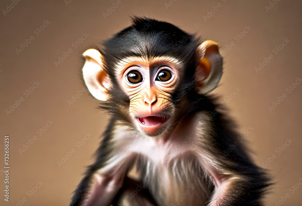 baby monkey with funny face expiration on minimal background - obrazy, fototapety, plakaty 