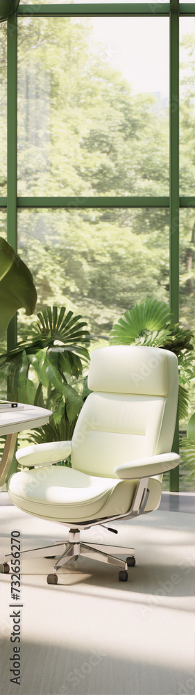 Fototapeta premium Cream chair green plants serene modern interior design peace tranquility home office. 
