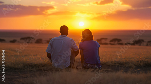 Rearview photography of a man and a woman, two people, male and female sitting on a safari meadow during the sunset in African savanna land, summer Kenya tourism and travel to see wildlife 
