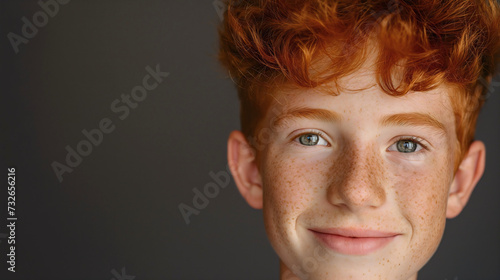 Closeup portrait of a young teenage boy, male teenager with redhead foxy hair and ginger freckles on his face or skin, looking at the camera and smiling, studio shot. One happy model photo