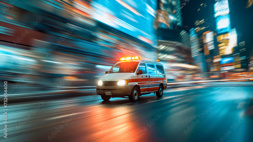 Emergency paramedic ambulance department driving a van vehicle at a fast speed at night through the city streets with lights on, 911 rushing service to provide medical help to people and to save lives