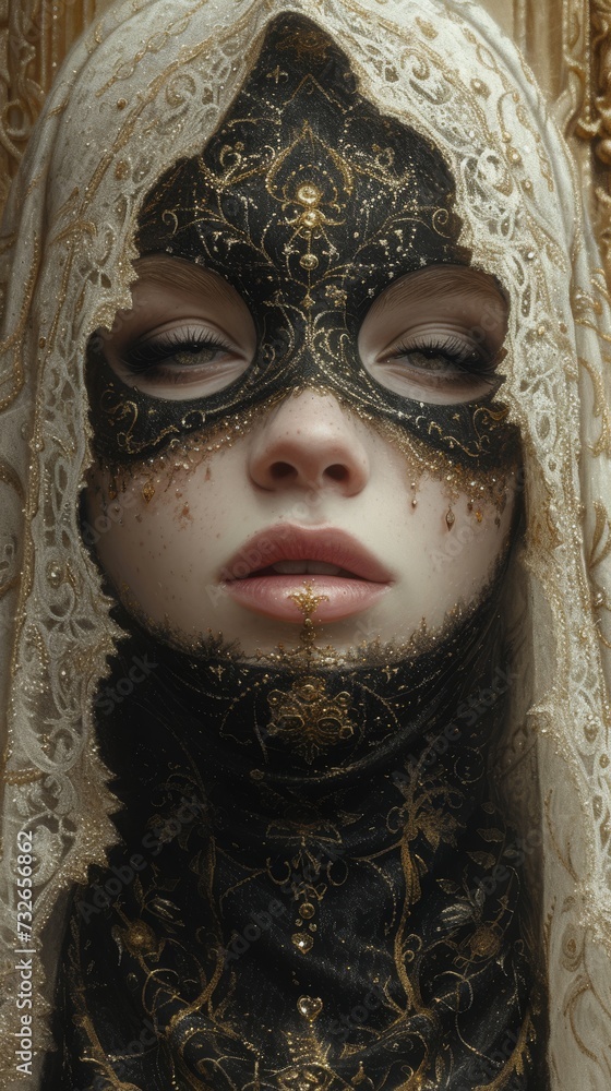 A person with an ornate golden mask, delicate lace veil, and intricate patterns, exuding mystery and elegance, generative ai A person with an ornate golden mask, delicate lace veil, and intricate patterns, exuding mystery and elegance, generative ai