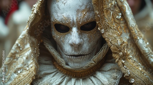 An individual in an ornate costume with a white skull mask and golden, embroidered hood stares intently, generative ai