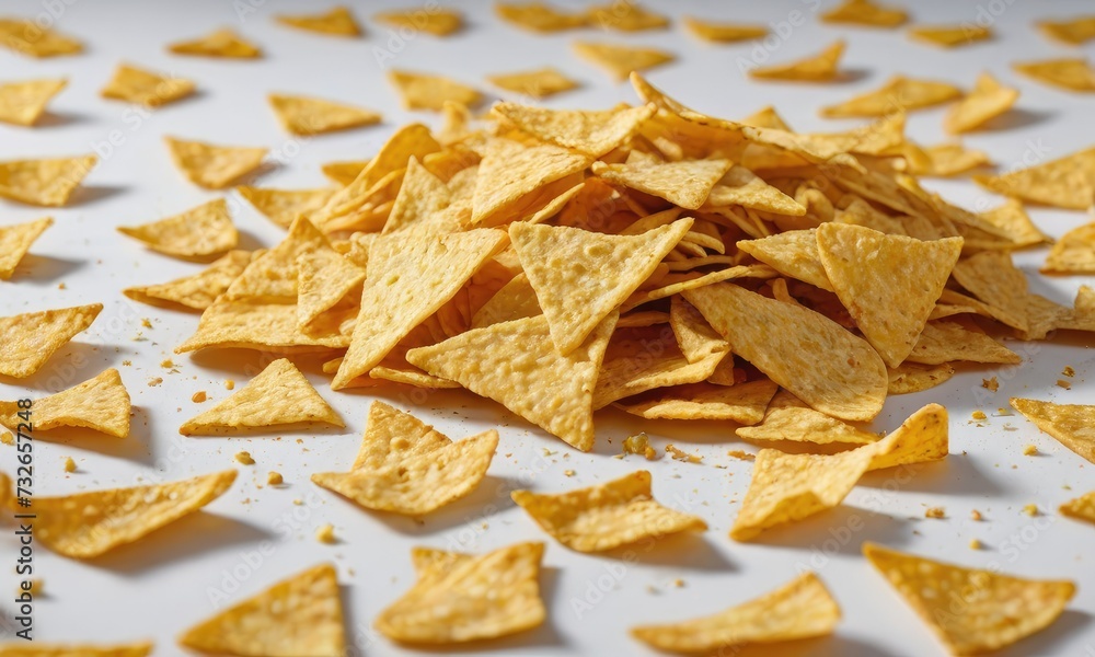 Snack Spectacle: Dynamic Tortilla Fiesta Unleashed on a white background Snack Spectacle: Dynamic Tortilla Fiesta Unleashed on a white background